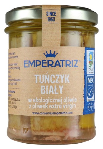21131#TUŃCZYK BIAŁY FILETY W BIO OLIWIE Z OLIWEK EXTRA VIRGIN 200 g (130 g) (SŁOIK) - EMPERATRIZ-1