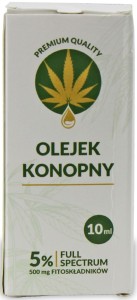 OLEJEK KONOPNY 5 % (500 mg FITOSKŁADNIKÓW) BIO 10 ml łagodzi bóle stawów oraz obrzęki mięśni 