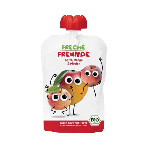 26532MUS JABŁKO - MANGO - BRZOSKWINIA BEZ DODATKU CUKRÓW BEZGLUTENOWY PO 6 MIESIĄCU BIO 100 g - FRECHE FREUNDE-1