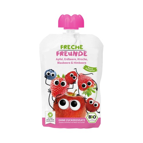 26534MUS TRUSKAWKA - JAGODA - MALINA - JABŁKO - WIŚNIA BEZ DODATKU CUKRÓW BEZGLUTENOWY PO 6 MIESIĄCU BIO 100 g - FRECHE FREUNDE-1