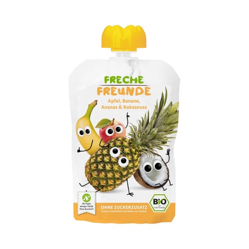 26535MUS JABŁKO - BANAN - ANANAS - KOKOS BEZ DODATKU CUKRÓW BEZGLUTENOWY PO 6 MIESIĄCU BIO 100 g - FRECHE FREUNDE-1