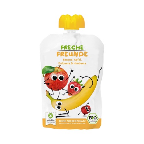 26537MUS BANAN - JABŁKO - TRUSKAWKA - MALINA BEZ DODATKU CUKRÓW BEZGLUTENOWY PO 6 MIESIĄCU BIO 100 g - FRECHE FREUNDE-1