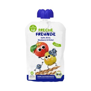 MUS JABŁKO - GRUSZKA - BORÓWKA - ORKISZ BEZ DODATKU CUKRÓW PO 6 MIESIĄCU BIO 100 g - FRECHE FREUNDE