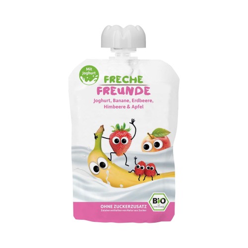 26543JOGURT W TUBCE BANAN - TRUSKAWKA - MALINA - JABŁKO BEZ DODATKU CUKRÓW BEZGLUTENOWY PO 10 MIESIĄCU BIO 100 g - FRECHE FREUNDE-1