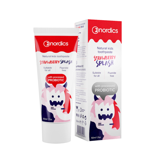27176PASTA DO ZĘBÓW DLA DZIECI O SMAKU TRUSKAWKI Z PROBIOTYKAMI BEZ FLUORU 50 ml - NORDICS-1