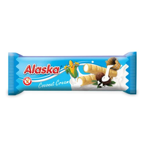 28915RURKI KUKURYDZIANE NADZIEWANE KREMEM O SMAKU KOKOSOWYM BEZGLUTENOWE 18 g - ALASKA-1