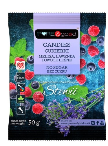 30390CUKIERKI Z MELISĄ, LAWENDĄ I OWOCAMI LEŚNYMI ZE STEWIĄ BEZ CUKRU 50 g - PURE&GOOD-1