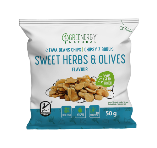 31151CHIPSY PROTEINOWE Z BOBU O SMAKU SŁODKICH ZIÓŁ I OLIWEK 50 g - GREENERGY-1