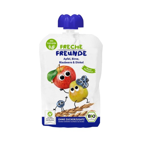 31693MUS JABŁKO - GRUSZKA - BORÓWKA - ZBOŻA BEZ DODATKU CUKRÓW OD 6 MIESIĄCA BIO 100 g - FRECHE FREUNDE-1