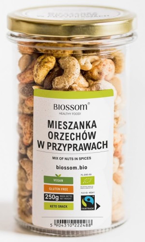 32528MIX ORZECHÓW W PRZYPRAWACH FAIR TRADE BEZGLUTENOWE BIO 250 g - BIOSSOM-1