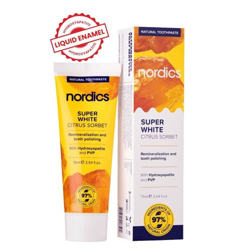 PASTA DO ZĘBÓW REMINERALIZUJĄCA SUPER WHITE Z PŁYNNYM SZKLIWEM BEZ FLUORU 75 ml - NORDICS-1 33377 