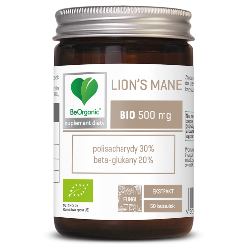 GRZYBY SOPLÓWKA JEŻOWATA (LION'S MANE) EKSTRAKT BIO (500 mg) 50 KAPSUŁEK - BE ORGANIC-1 33677 