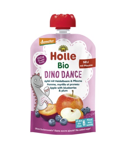 MUS TAŃCZĄCY DINOZAUR (JABŁKO - BORÓWKA - ŚLIWKA) BEZ DODATKU CUKRÓW BEZGLUTENOWY OD 6 MIESIĄCA DEMETER BIO 100 g - HOLLE-1 33689 