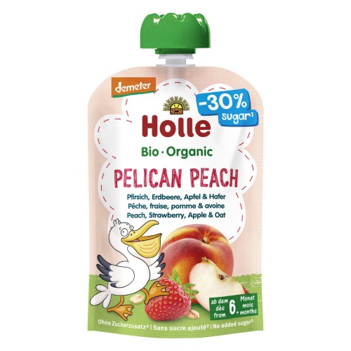MUS BRZOSKWINIOWY PELIKAN (BRZOSKWINIA - TRUSKAWKA - JABŁKO - OWIES) BEZ DODATKU CUKRÓW BEZGLUTENOWY OD 6 MIESIĄCA DEMETER BIO 100 g - HOLLE-1 33693 