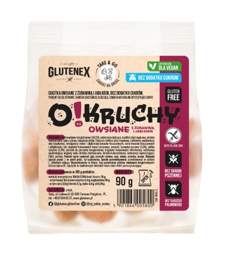 CIASTKA OWSIANE Z ŻURAWINĄ I JABŁKIEM BEZ DODATKU CUKRÓW BEZGLUTENOWE O!KRUCHY 90 g - GLUTENEX-1 34379 