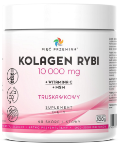 KOLAGEN RYBI + MSM + WITAMINA C TRUSKAWKOWY W PROSZKU BEZGLUTENOWY 300 g - PIĘĆ PRZEMIAN