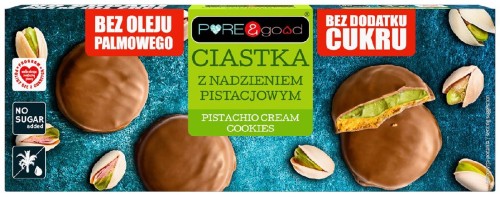 CIASTKA Z NADZIENIEM PISTACJOWYM W CZEKOLADZIE MLECZNEJ BEZ DODATKU CUKRÓW 96 g - PURE&GOOD-1 34525 