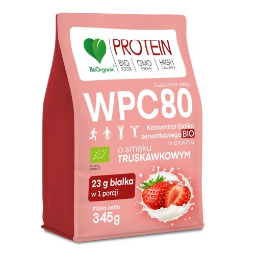 BIAŁKO SERWATKOWE O SMAKU TRUSKAWKOWYM (KONCENTRAT WPC 80) BEZ DODATKU CUKRÓW BIO 345 g - BE ORGANIC-1 34616 
