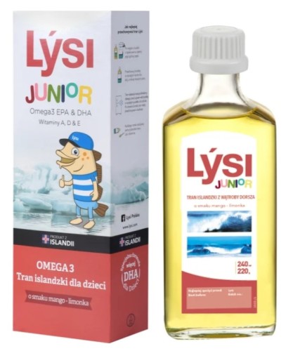 TRAN ISLANDZKI OMEGA-3 (1195 mg) O SMAKU MANGO - LIMONKA DLA DZIECI 240 ml - LYSI JUNIOR-1 34762 