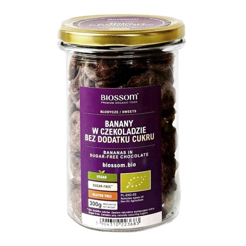 BANANY W SUROWEJ CZEKOLADZIE BEZ DODATKU CUKRÓW BEZGLUTENOWE BIO 300 g - BIOSSOM-1 35123 