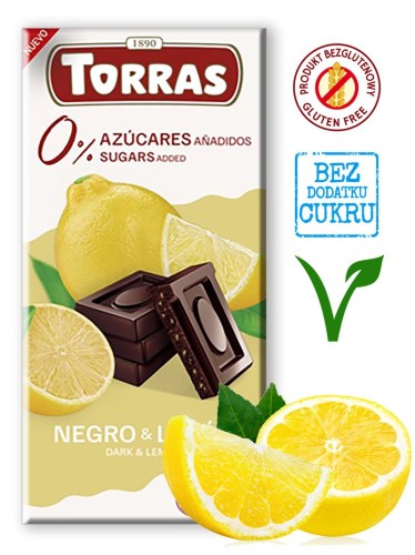 CZEKOLADA GORZKA Z CYTRYNĄ BEZ DODATKU CUKRÓW BEZGLUTENOWA 75 g - TORRAS-1 35190 