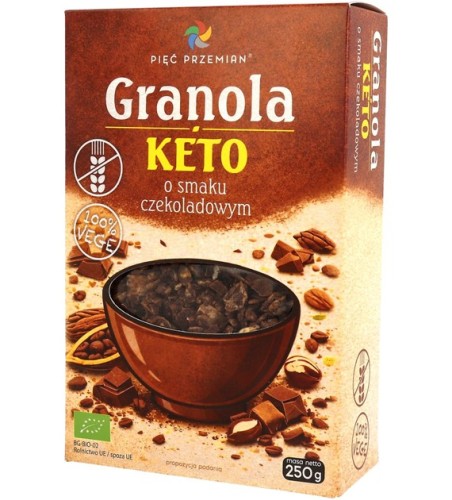 GRANOLA O SMAKU CZEKOLADOWYM BEZ DODATKU CUKRÓW BEZGLUTENOWA KETO BIO 250 g - PIĘĆ PRZEMIAN-1 35223 