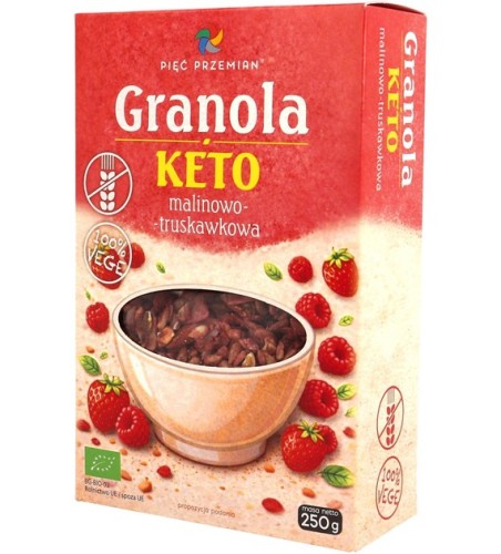 GRANOLA MALINOWO - TRUSKAWKOWA BEZ DODATKU CUKRÓW BEZGLUTENOWA KETO BIO 250 g - PIĘĆ PRZEMIAN-1 35225 