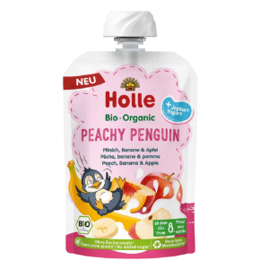 MUS BRZOSKWINIOWY PINGWIN (BRZOSKWINIA - BANAN - JABŁKO - JOGURT) BEZ DODATKU CUKRÓW BEZGLUTENOWY OD 8 MIESIĄCA BIO 100 g - HOLLE