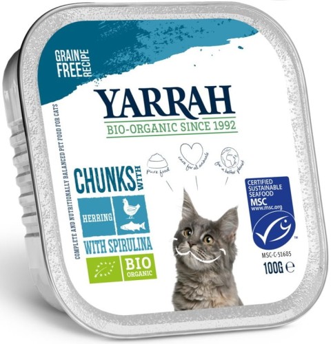 16234(DLA KOTA) KURCZAK Z KAWAŁKAMI RYBY I SPIRULINĄ BIO 100 g - YARRAH-1